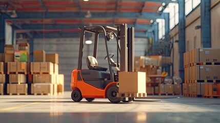 Orange and black forklift near a wooden pallet stacked with cartoon boxes in a warehouse.