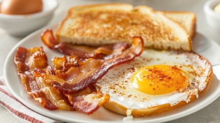 Delicious breakfast plate featuring a perfectly fried egg, crispy bacon, and buttered toast, ideal for a hearty morning meal.
