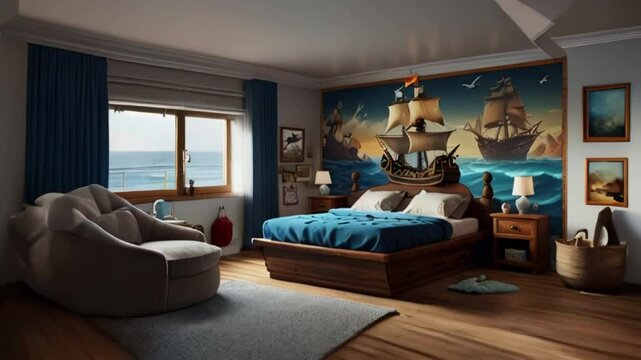 Pirate ship themed children's room decoration with ship painting on it, blue blanket and bed sheet