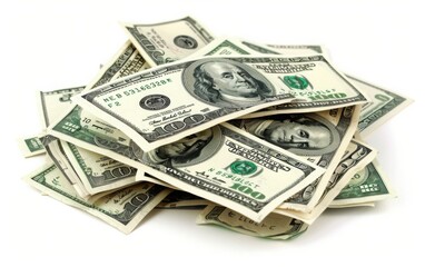 A pile of dollar bills on a white background