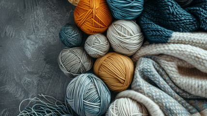 Several balls of yarn and knitted fabrics in various colors.