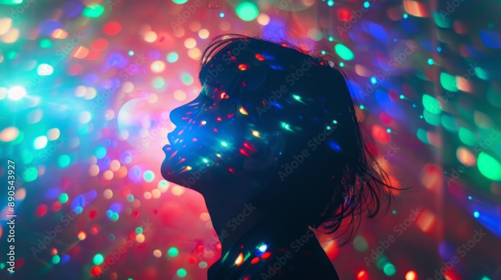 Poster a woman is standing in front of a colorful background with a lot of lights