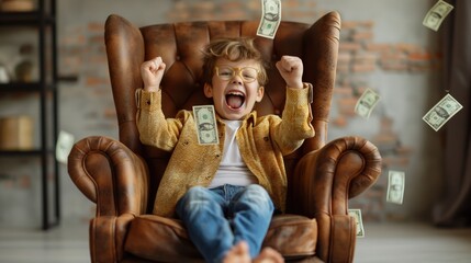 Excited young boy sitting on a leather armchair with floating banknotes around, wearing glasses and a yellow shirt in a cozy room with a brick wall background.