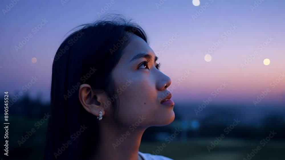 Canvas Prints Young woman looking up at a sunset sky