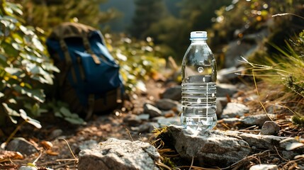 Obraz premium A clear water bottle rests on a rocky trail, surrounded by hiking gear and lush greenery.