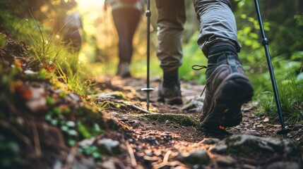 Fototapeta premium Couple in light activity as individuals or in pairs ie hiking, Nordic Walking or outdoor activities, nature, lifestyle, trek, hiking, forest, woman, active, outdoors, adventure