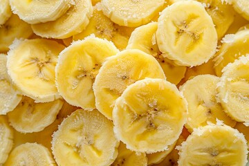 Close-Up of Frozen Sliced Bananas, Frosted Surface Highlighting Detailed Texture