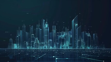 Naklejka premium Futuristic Smart Digital City Concept with Wireframe Cityscape, Showcasing Advanced Urban Technology, Innovative Infrastructure, and Connected Systems for Modern Urban Living