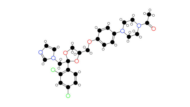 ketoconazole molecule, structural chemical formula, ball-and-stick model, isolated image antiandrogen
