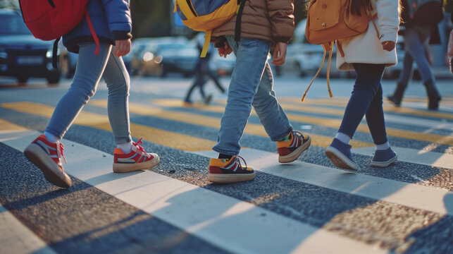 Close-up of schoolchildren safely crossing the street at a marked pedestrian crossing on their way to school. 