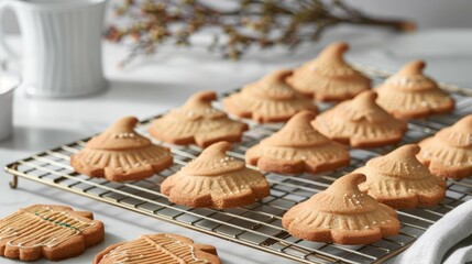 Fototapeta premium A tray of freshly baked cookies shaped like witches' hats and broomsticks, cooling on a wire rack, high-resolution photo, realistic photo