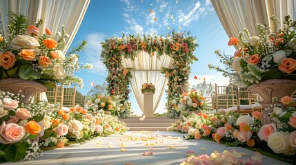 Obraz premium There is a yard in the center, a podium for wedding ceremonies in the middle of the yard, and beautiful flowers with large amounts of flowers, roses, and lilies are placed on both sides