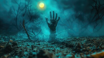 A creepy zombie hand emerging from the ground at night, surrounded by eerie fog and glowing moonlight. Halloween horror background with a dark and ominous atmosphere