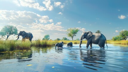 Obraz premium Water Sky Plant Cloud Elephant Ecoregion Tree Horse Lake Mammal Watercourse Bank Grassland