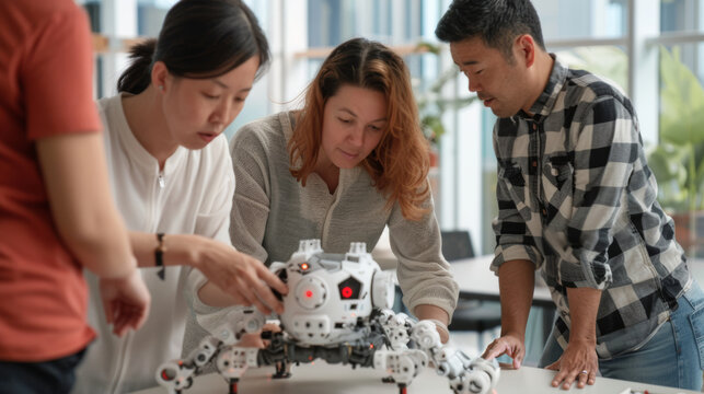 Engineers and developers work on a robot project in a sleek, high-tech office. Modern high-tech office hosts a diverse team assembling a robot with city views.
