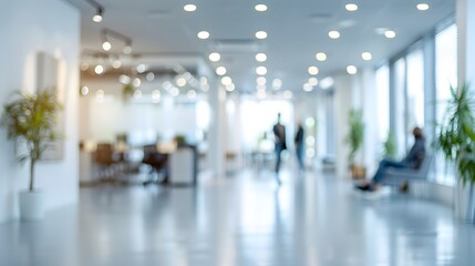 blurred background of a light modern office interior with panoramic windows and beautiful lighting.
