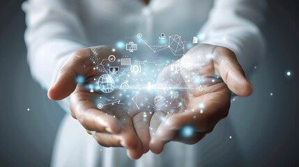Female hands holding glowing digital technology icons, symbolizing the power of technology in global communication and marketing