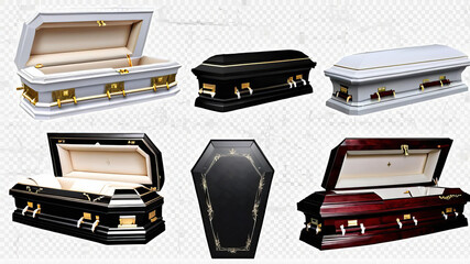 Set of coffin illustrations with transparent background, ideal for Halloween-themed designs and graphic templates.
