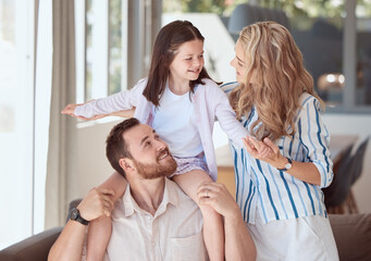 Parents, girl and plane on shoulders on couch with smile, care and games with holding hands and support. Father, mother and daughter with love, connection and airplane with flight in family house