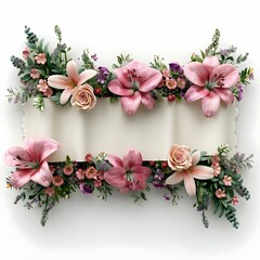 
a flower arrangement for a funeral, with a banner in the middle, on a white background, super realistic render, studio photography.