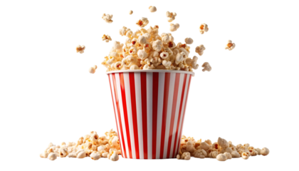 A red and white striped popcorn bucket with popcorn flying out and scattered around it, creating a dynamic and lively scene, on a transparent background