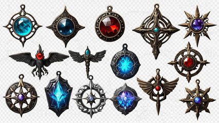 Set of magic amulet illustrations with transparent background, perfect for Halloween-themed designs and graphic templates. 
