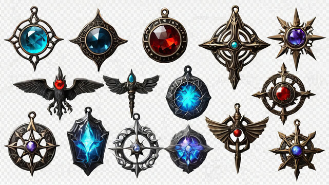 Set of magic amulet illustrations with transparent background, perfect for Halloween-themed designs and graphic templates.
