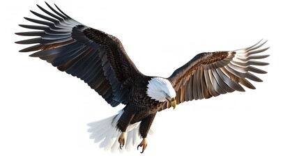 A bald eagle in flight with its wings spread wide against a white background.