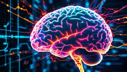 virtual brain with dynamic neuron activity, binary code patterns flowing through, bright electric colors highlight tech and biological fusion