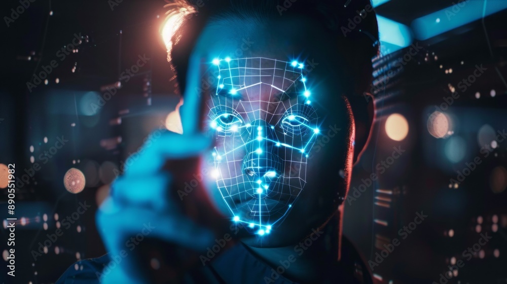 Poster a man is pointing at a face that is made up of blue and white dots