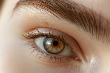 Fototapeta premium Close-Up of a Beautiful Brown Eye with Detailed Eyelashes and Textured Skin, Perfect for Beauty and Skincare Concepts