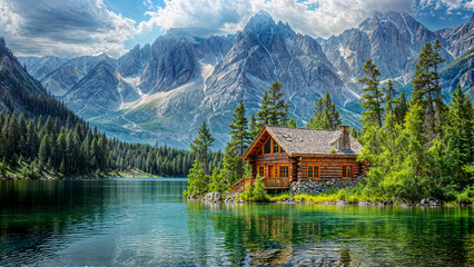 Fototapeta premium Wood cabin on the lake - log cabin surrounded by trees, mountains, and water in natural landscapes