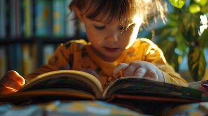 Joy of reading captured as a child flips through an illustrated book on Literacy Day. International Literacy Day, 8 September