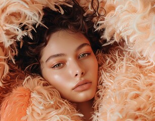 Fototapeta premium Stunning woman in luxurious, fancy, stylish, impeccable fur coat with dark hair, illuminated dynamic composition, dramatic lighting. Copy space for text.