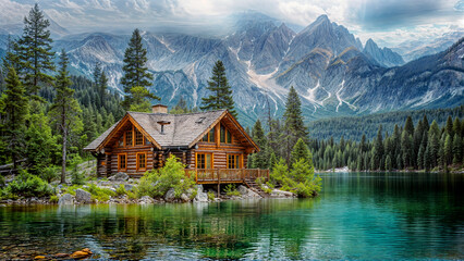 Fototapeta premium Wood cabin on the lake - log cabin surrounded by trees, mountains, and water in natural landscapes