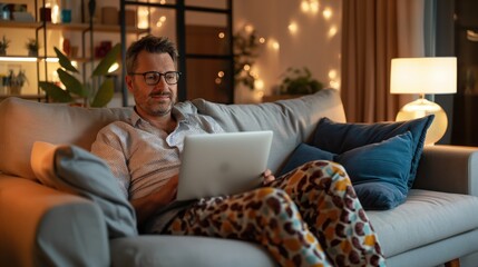 Obraz premium Man sitting comfortably on a couch using a laptop in a cozy and warmly lit living room with decorative lights and plants.