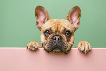 French bulldog pup peeking out over pastel bright background. Advert, banner, card. Copy text space. Invitation to birthday party.