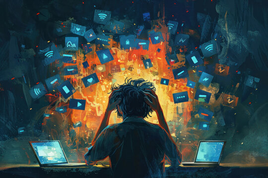 A person overwhelmed by technology and social media, surrounded by screens and notifications
