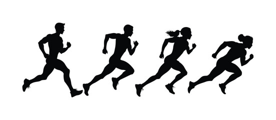 Male female Marathon run sport icon with runner athletes vector silhouette