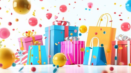 Colorful Gifts and Shopping Bags with Confetti.