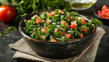 Tabbouleh salad. Traditional middle eastern or arab dish. Levantine vegetarian salad with parsley, mint, bulgur, tomato