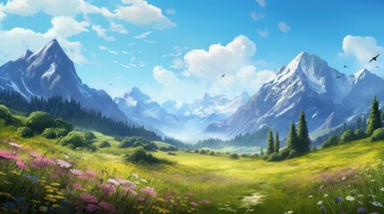 Picturesque Mountain Meadow with Wildflowers.