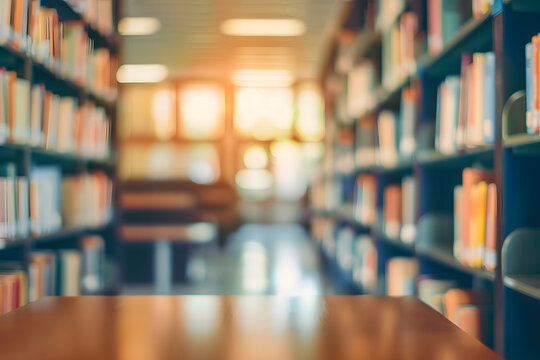 Abstract blurred empty college library interior space. Blurry classroom with bookshelves by defocused effect. use for background or backdrop in book shop business or education resources concepts