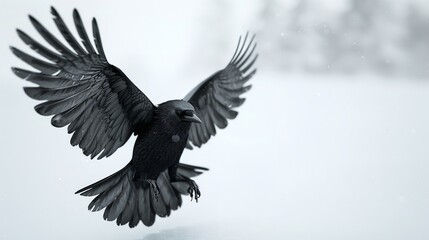 Obraz premium Dominant Black Vulture Soaring Directly Towards Camera on White Background