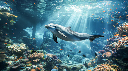 Fototapeta premium Illuminated by the rays of the sun, a dolphin swims underwater among corals and small bright fish.