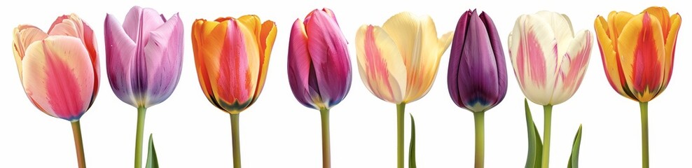 The set consists of white, cream, pink, orange and green stalks of tulips, flowers, and leaves, on a transparent background. Mockup template artwork graphic design.