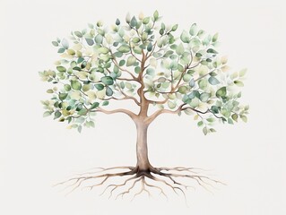 Obraz premium Watercolor illustration of a tree with deep roots and flourishing branches, embodying personal growth and stability, rich and earthy hues