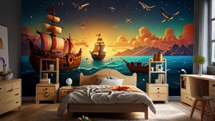 Children's bedroom decoration with a pirate ship theme, there is a large painting of a pirate ship