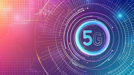 An illustration of '5G' technology symbol with circular abstract elements on a dotted gradient background, concept of high-speed wireless communication
