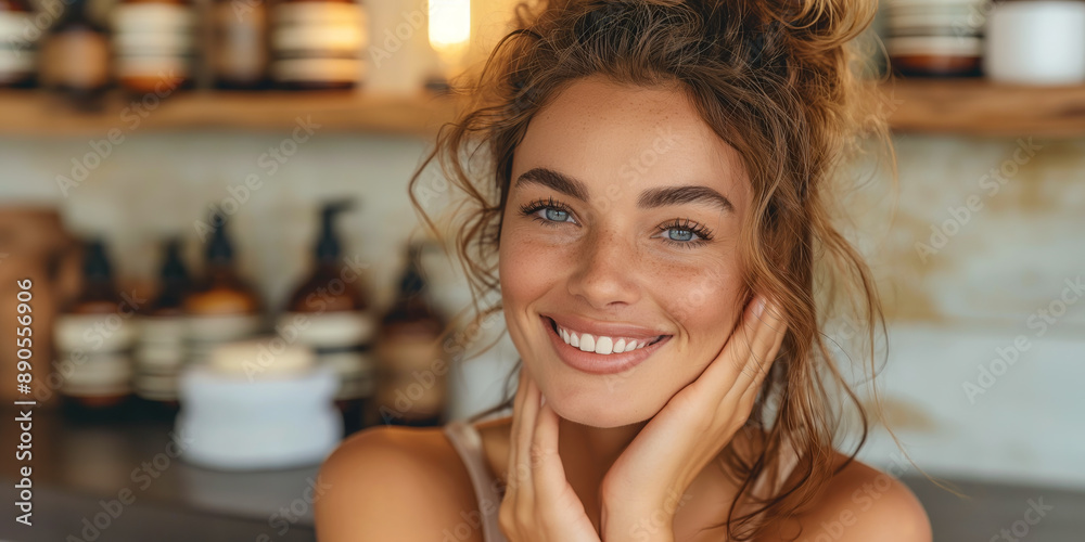 Wall mural Smiling Woman with Natural Beauty in a Cozy Rustic Setting